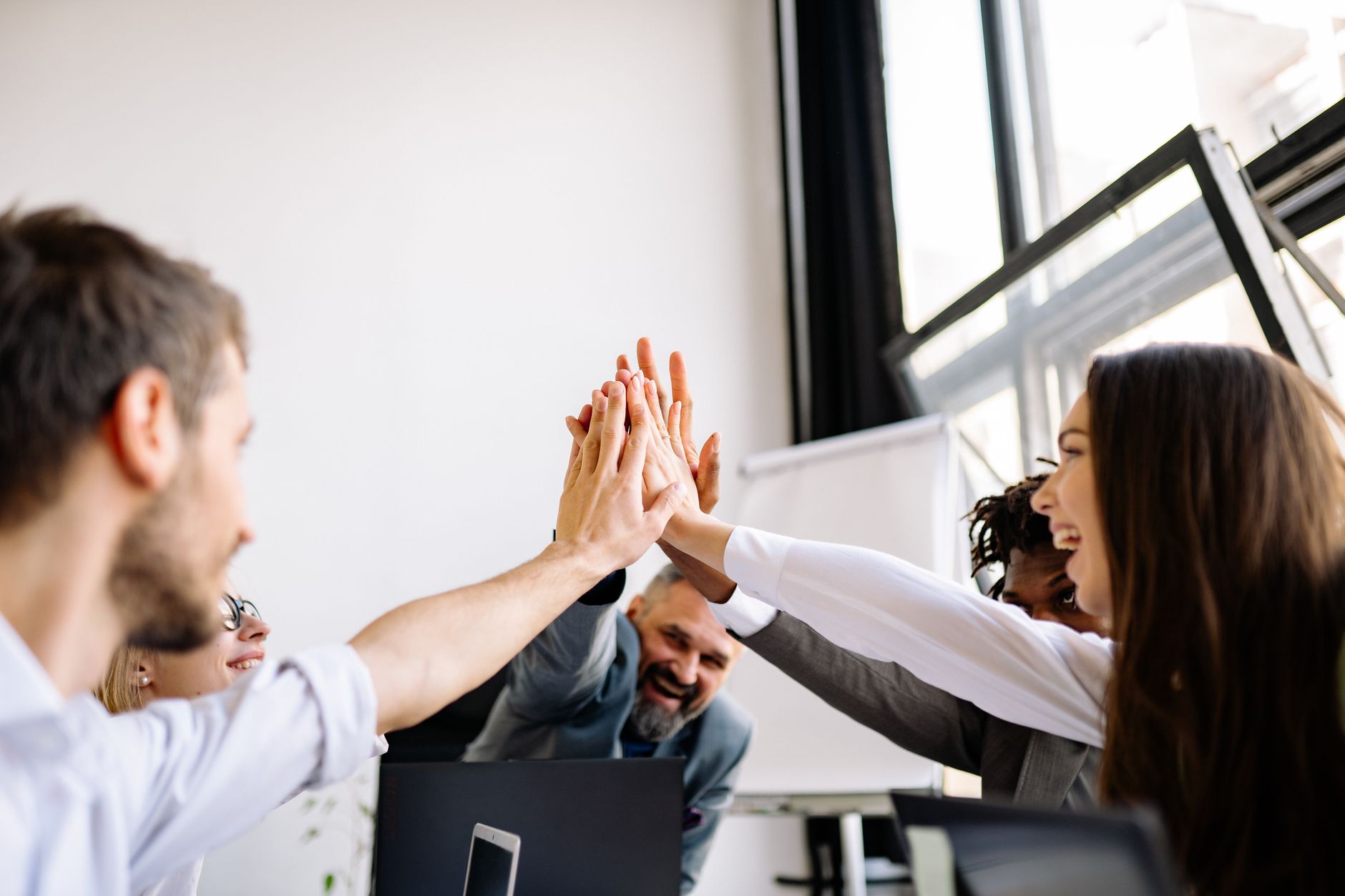 Organisational Culture — Vibrant office team sharing a group high five in a bright workspace.