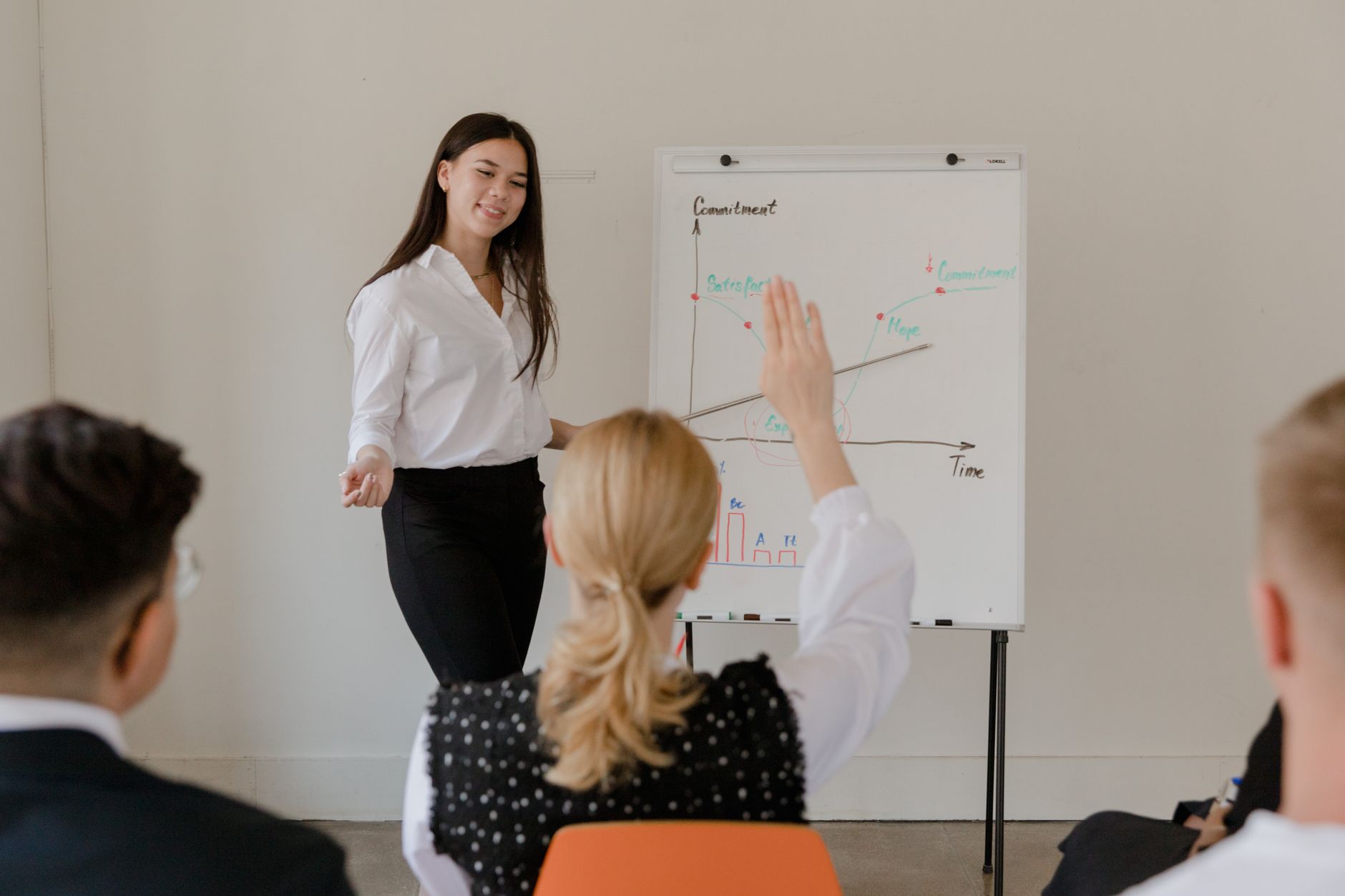 An Introduction to Leadership Skills — A businesswoman leads a meeting with a graph presentation, engaging her audience. Professional setting.