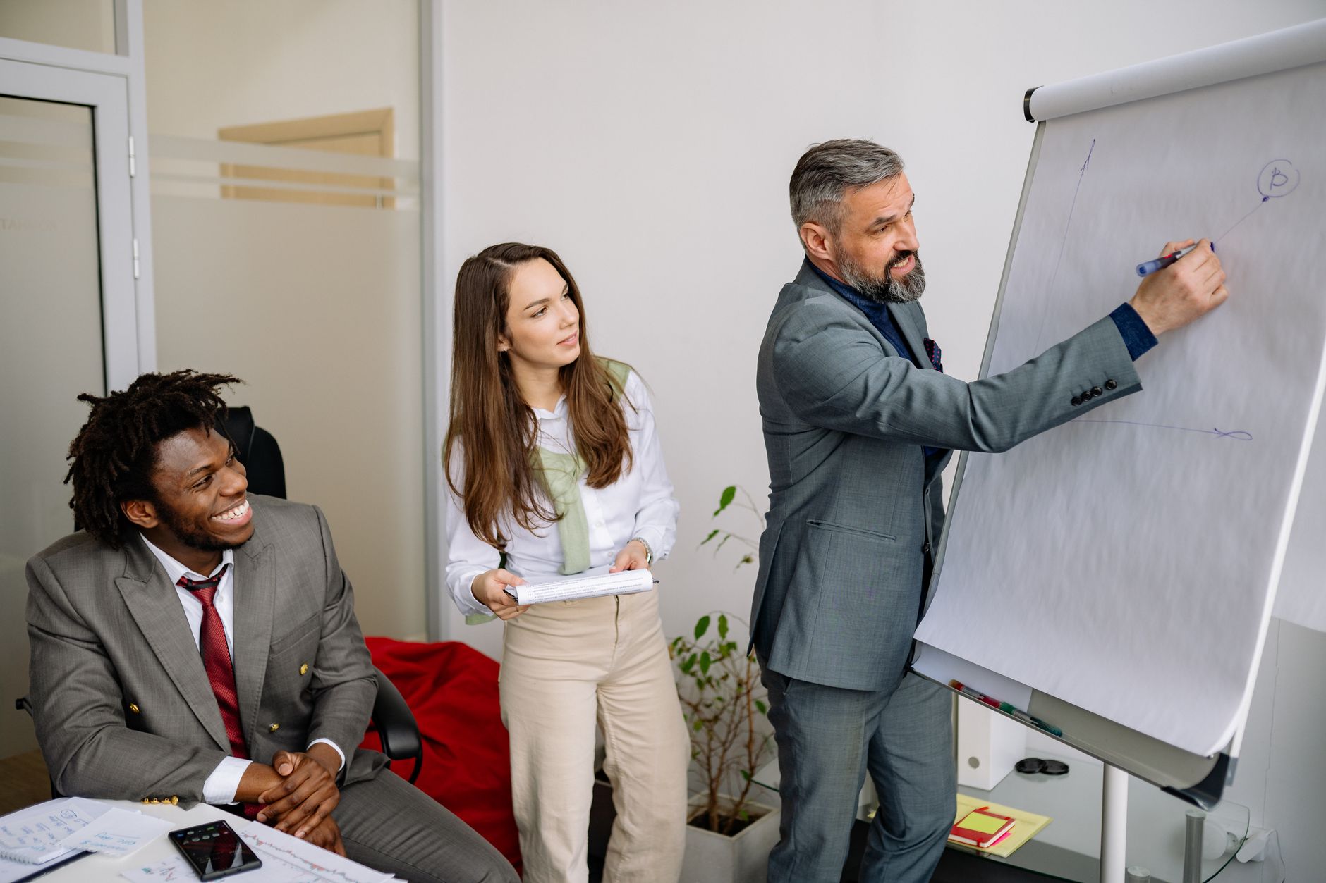 Developing and Launching a New Business — Diverse group of business professionals engaging in an office presentation, fostering teamwork and collaboration.