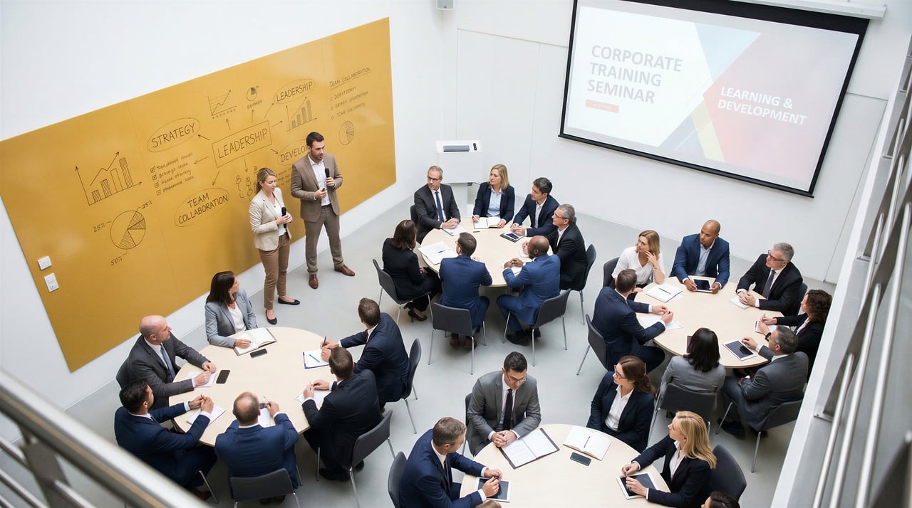 Managing Business Operations — corporate, training, seminar, soft skills, collaboration, leadership, teamwork, presentation, whiteboard, notepad, age diversity, office, people, strategic planning, stationery, adults, meeting, formal attire, strategy