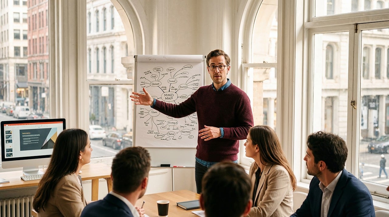 Managing Business Operations — presentation, workshop, strategy, leadership, business, meeting, flipchart, planning, professional, office, brainstorming, teamwork, communication, diagram, explanation, startup, corporate, training, collaboration, career, ai generated