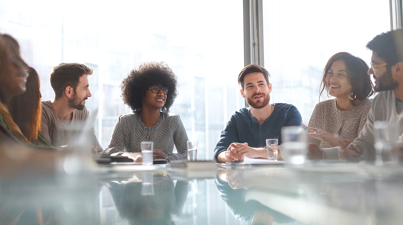Managing and Using Marketing — team, collaboration, meeting, business, professional, office, discussion, strategy, planning, communication, innovation, leadership, success, modern, workplace, growth opportunities, ideas, teamwork, initiative, development