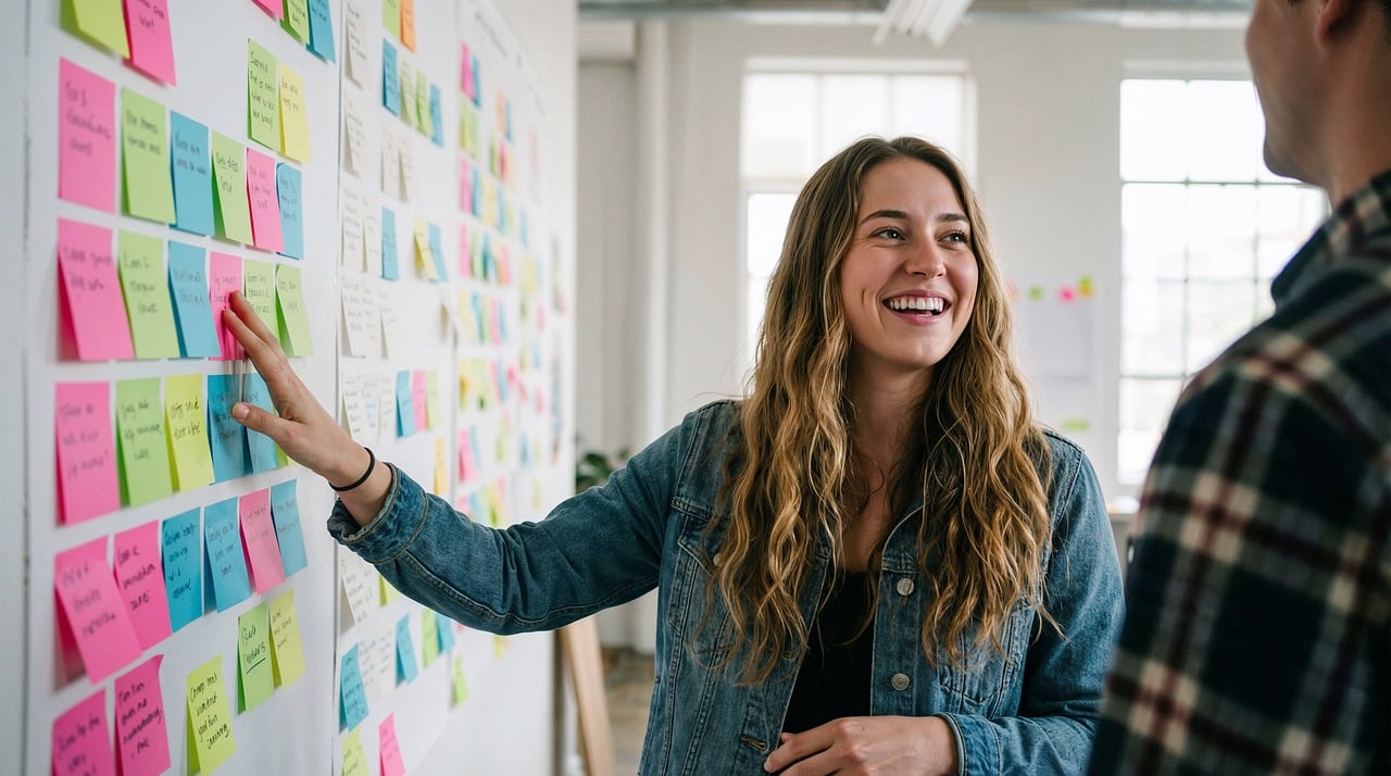 Innovation and Creativity — brainstorming, creativity, sticky notes, teamwork, collaboration, workshop, planning, ideas, strategy, innovation, colorful, smiling, students, project, design thinking, office, startup, cooperation, learning, discussion, ai generated