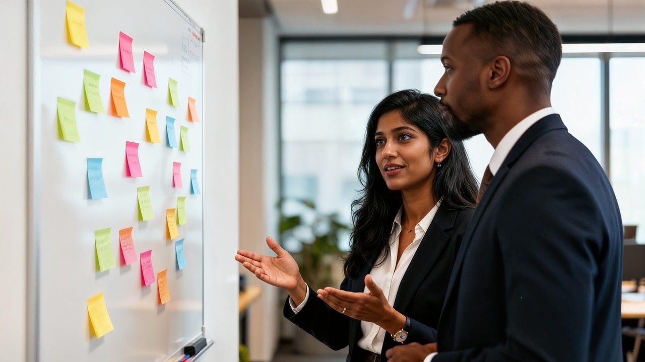 Entrepreneurship, Enterprise and Creativity — team, office, board, grades, adhesives, meeting, strategy, business, professional, woman, men, communication, planning, success, job, environment, corporate, rose, yellow, blue, rose flower, green, discussion, generated by ai