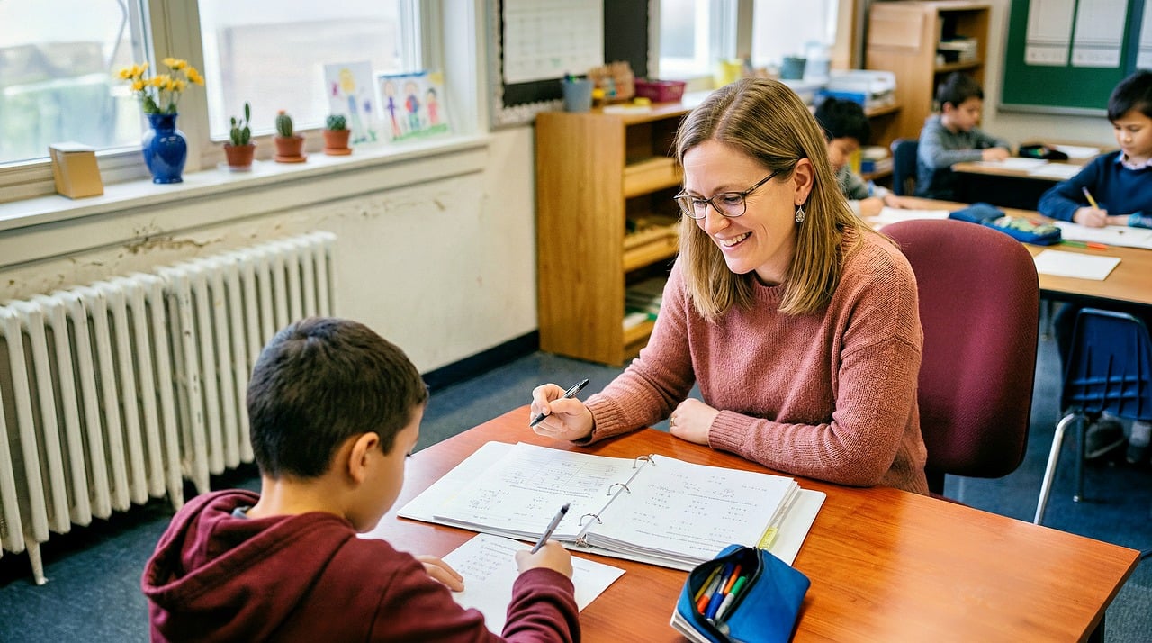 Qualifi Level 4 Diploma in Early Learning and Childcare — teacher, pupil, classroom, learning, education, school, to study, extra lesson, elementary school, math, help, accompaniment, focus, young, children, happy, smile, support, academic, lesson, ai generated