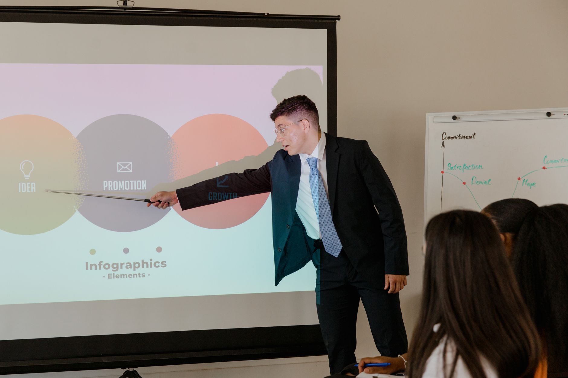 Communications in Organisations — Professional giving presentation using infographic in an office meeting.