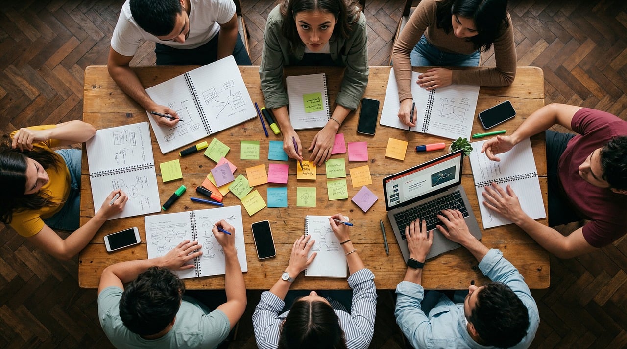 Developing Teams — Eam, workshop, office, collaboration, sticky notes, planning, strategy, brainstorming, table, overhead, people, working, laptop, notebooks, creativity, business, meeting, together, analysis, group, ai generated