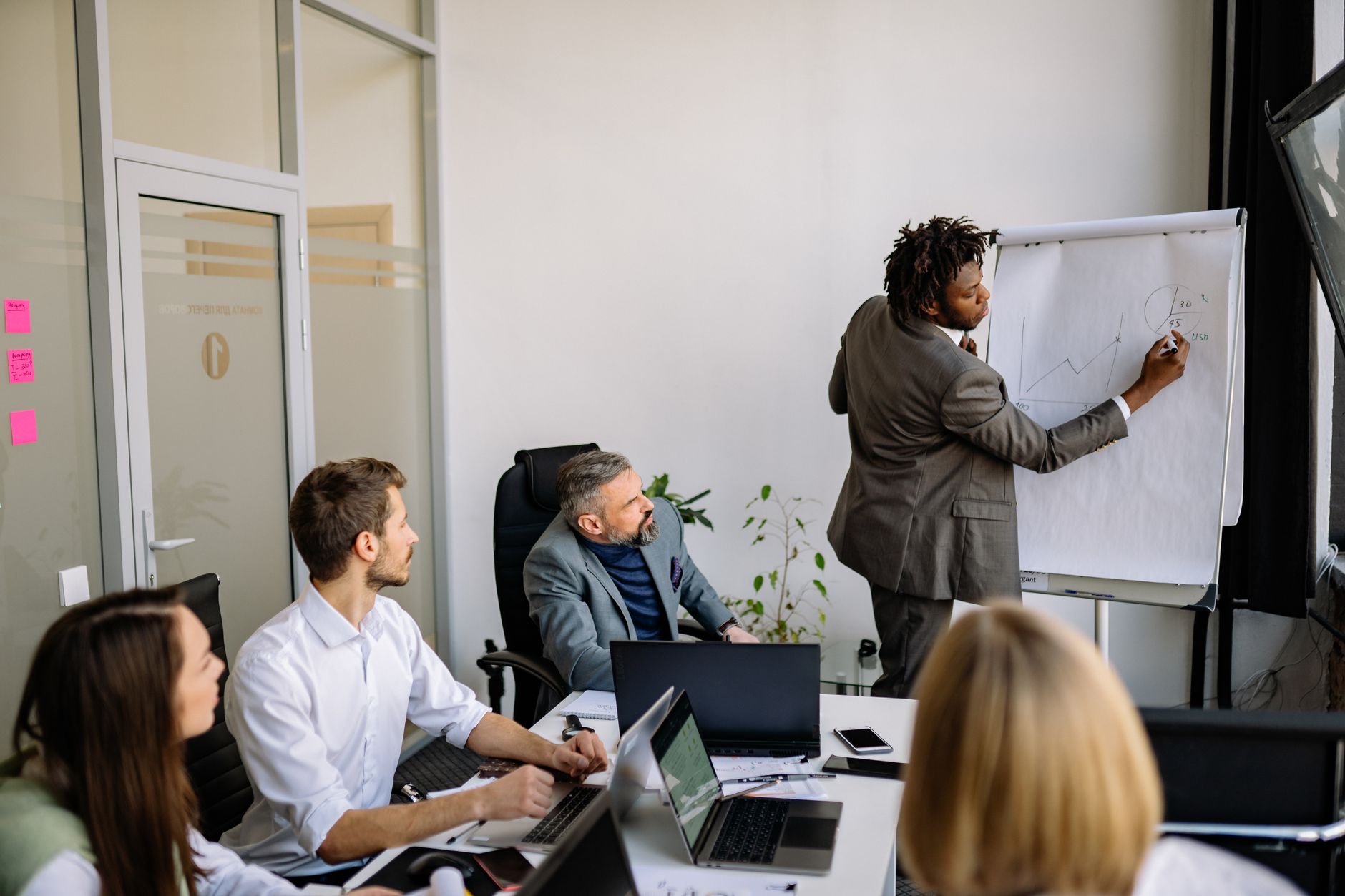 Strategic Planning — A diverse team in a modern office engaged in a strategic business meeting led by a presenter.