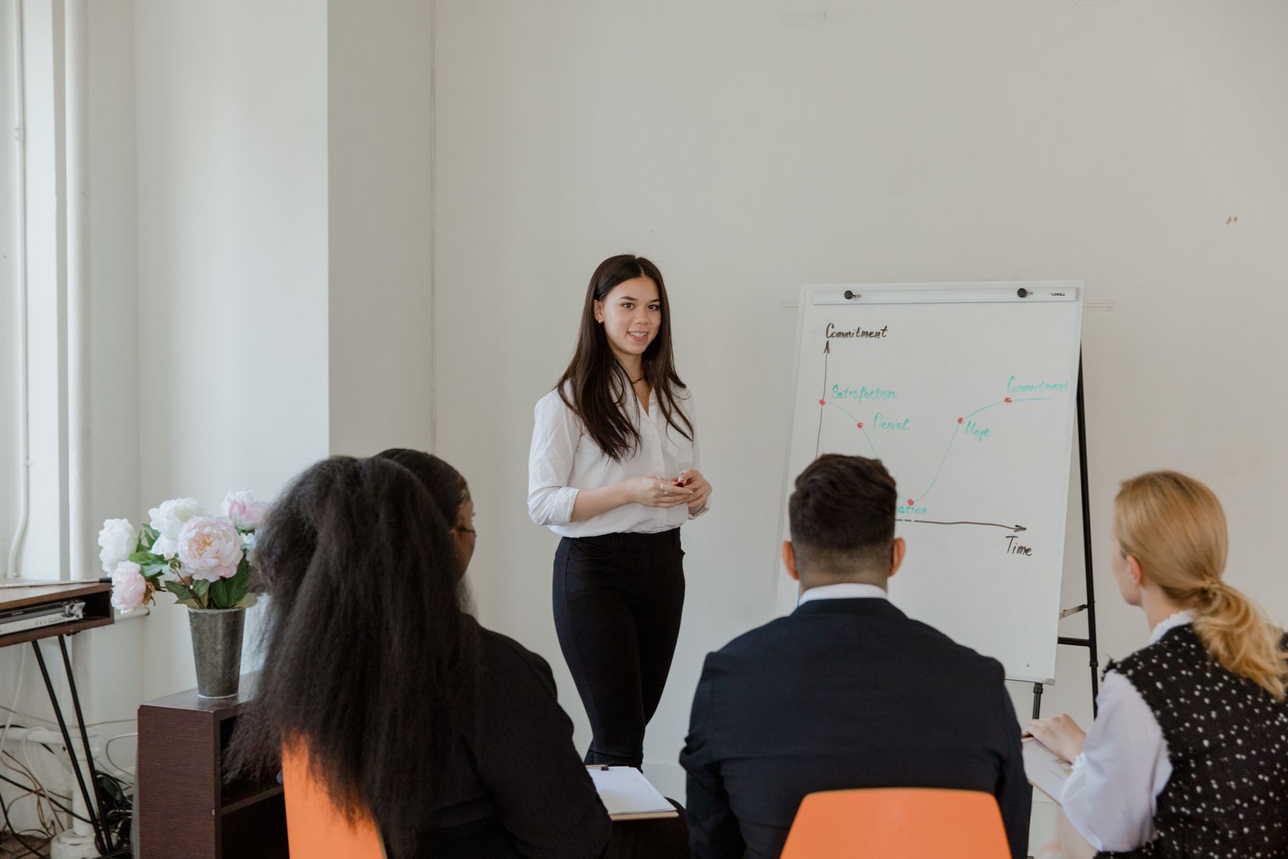 Strategic Direction — Office meeting with diverse team discussing strategies on a whiteboard.
