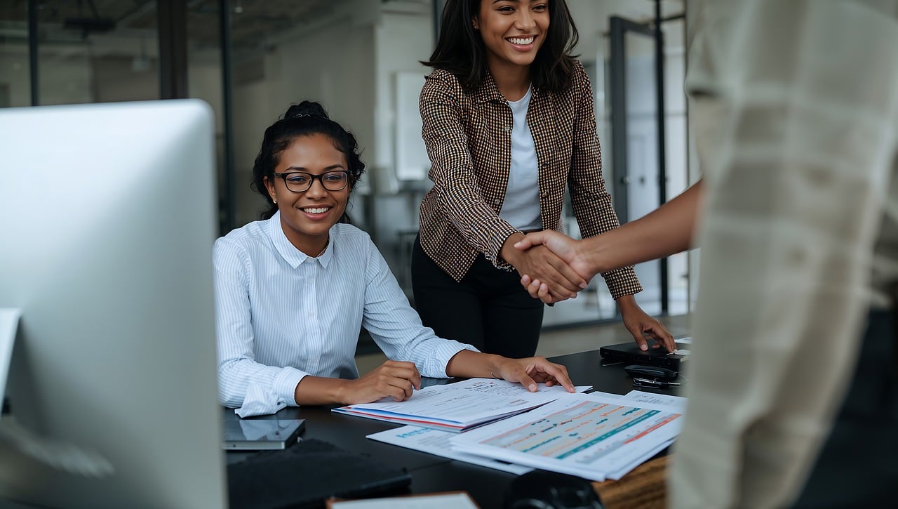 Equality, Diversity and Inclusion in Care Settings — Business, office, collaboration, teamwork, meeting, handshake, agreement, success, professional, women, diversity, inclusion, corporate, workplace, partnership, deal, negotiation, strategy, planning, analysis, documents, computer, desk, modern, ai generated
