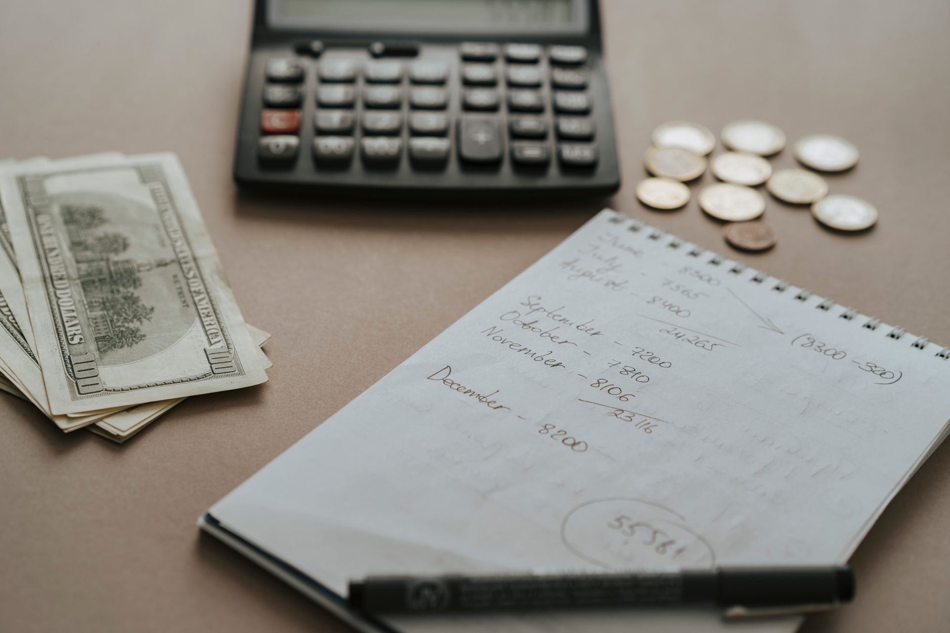 Principles and Practices of Taxation — Desk setup showing calculator, cash, coins, and financial notes for budgeting.