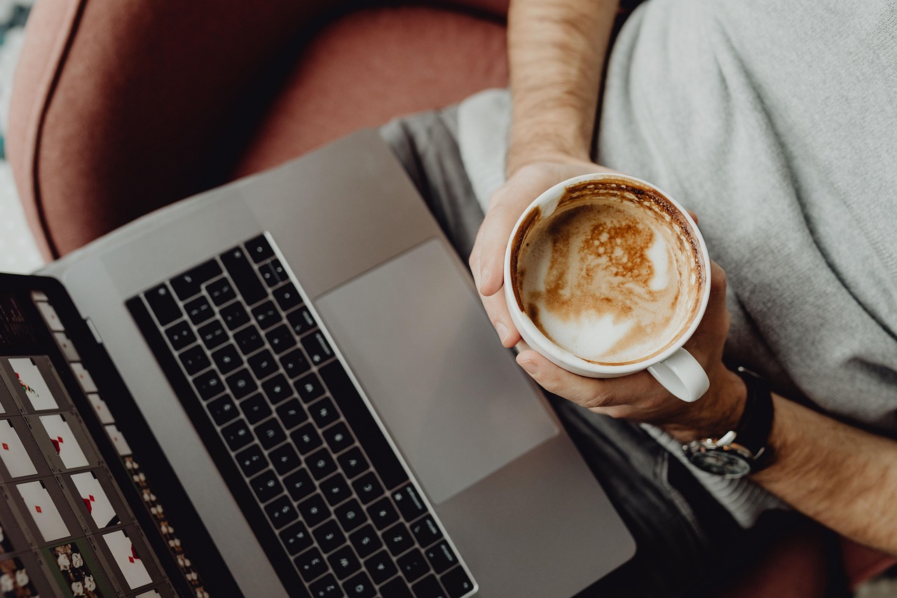 Units — Coffee, cup, computer, coffee cup, home, laptop, macbook, technology, office, business, designer, work, man, casual