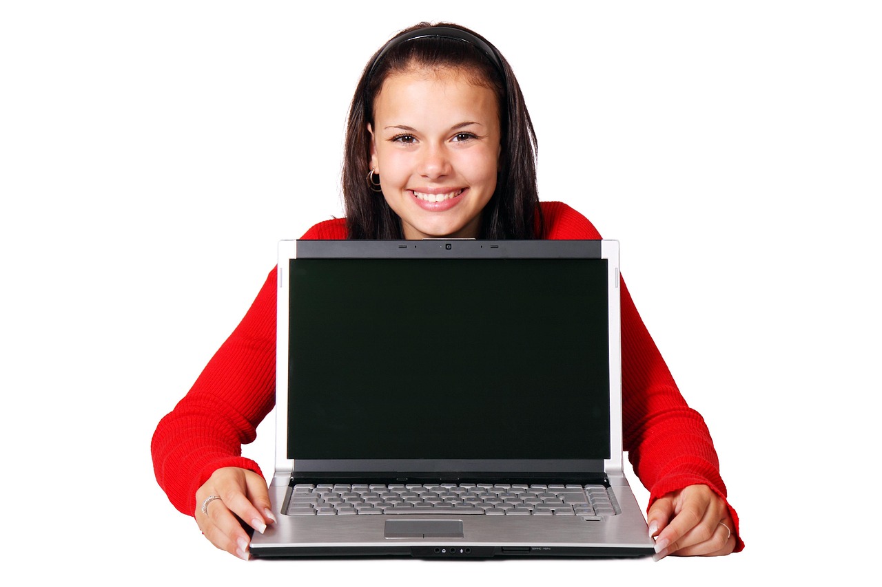 Technopreneurship — Business, computer, cute, female, girl, internet, isolated, laptop, people, pointing, smile, technology, white, woman, young, business, computer, computer, laptop, laptop, laptop, laptop, laptop, pointing