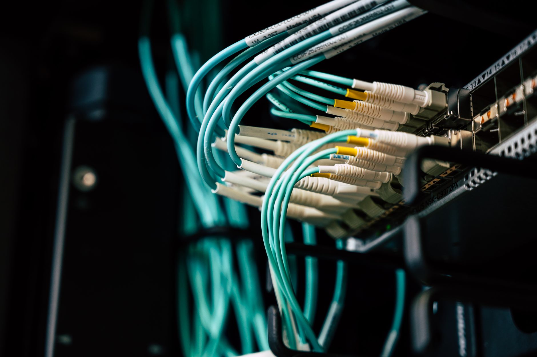 Network Routing and Switching — Detailed view of network cables plugged into a server rack in a data center.