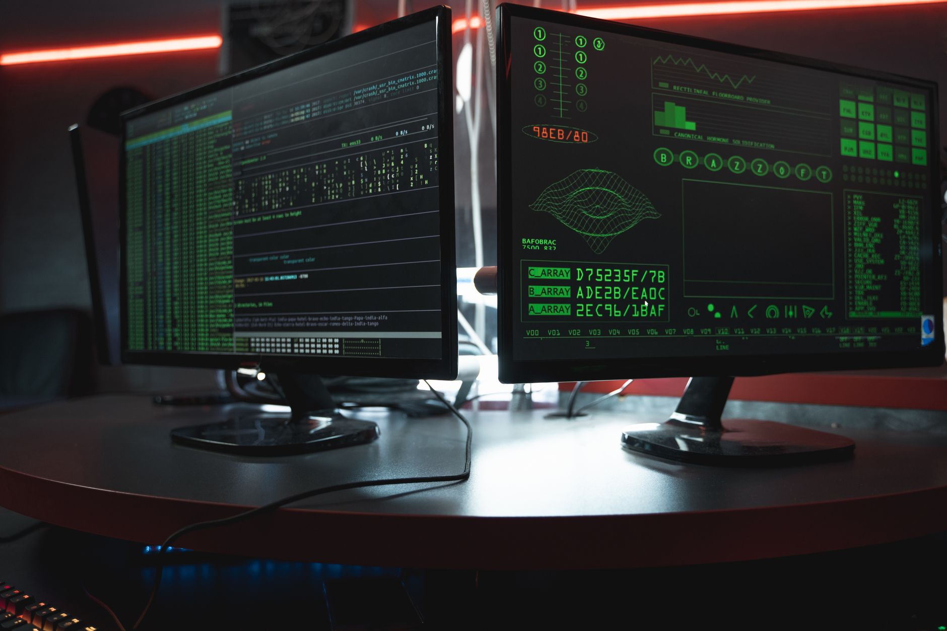 Solutions: Future-Proofing your BusinessEU GDPR and Data Security — Close-up of dual computer monitors with green coding interfaces in a dark room, highlighting cyber security themes.