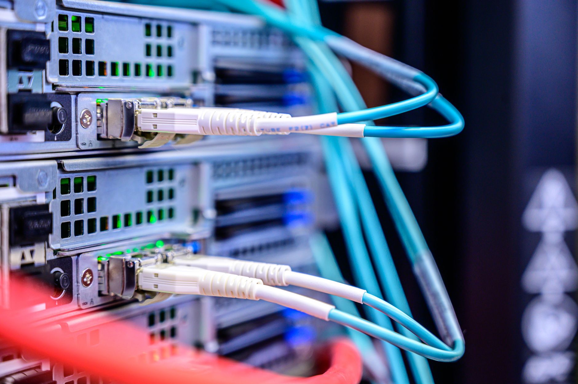 Network Architecture: Communications and Protocols — Detailed shot of ethernet cables connected to server ports highlighting technology infrastructure.