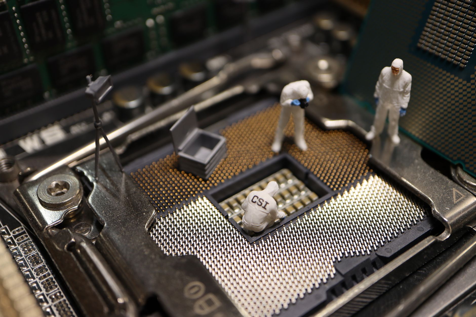 Incident Response, Investigations and Forensics — Tiny csi figures conduct an investigation on a cpu, blending technology with creativity.