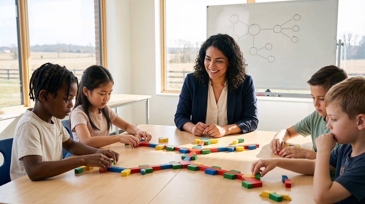 Using Resources for Education and Training — Classroom, students, teacher, math, manipulatives, learning, education, diversity, collaboration, table, school, activity, colors, together, children, instruction, bright, group, skills, ai generated