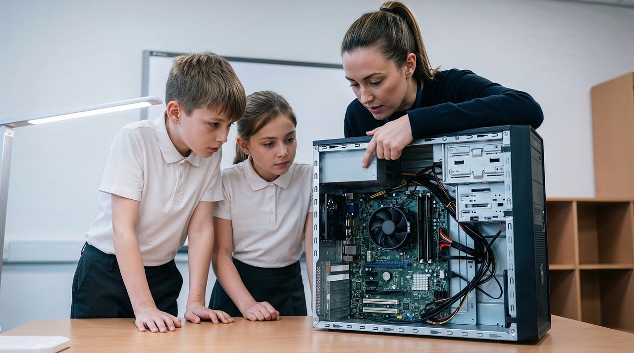 Design of Education and Training Resources — Students, teacher, computer, motherboard, hardware, school, uniform, technology, education, classroom, electronics, learning, investigation, science, pc, peering, interior, curious, ai generated