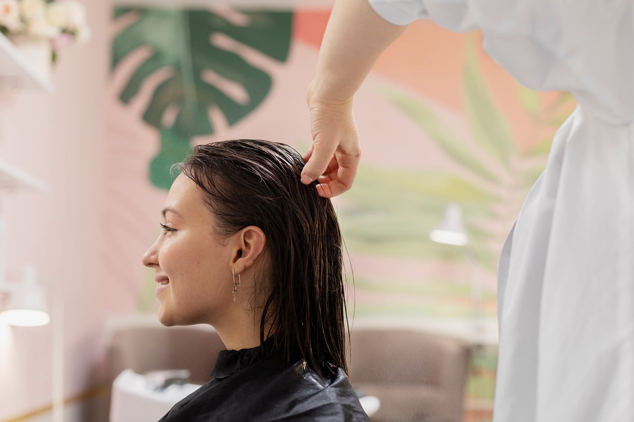 Manicure treatments — Hair, hair salon, hair care, hair styling, beauty care, smiling woman, wet hair, stylist, spa, skin care, relaxation, treatment, modern, manicure, health, woman, process, towel, decoration, professional