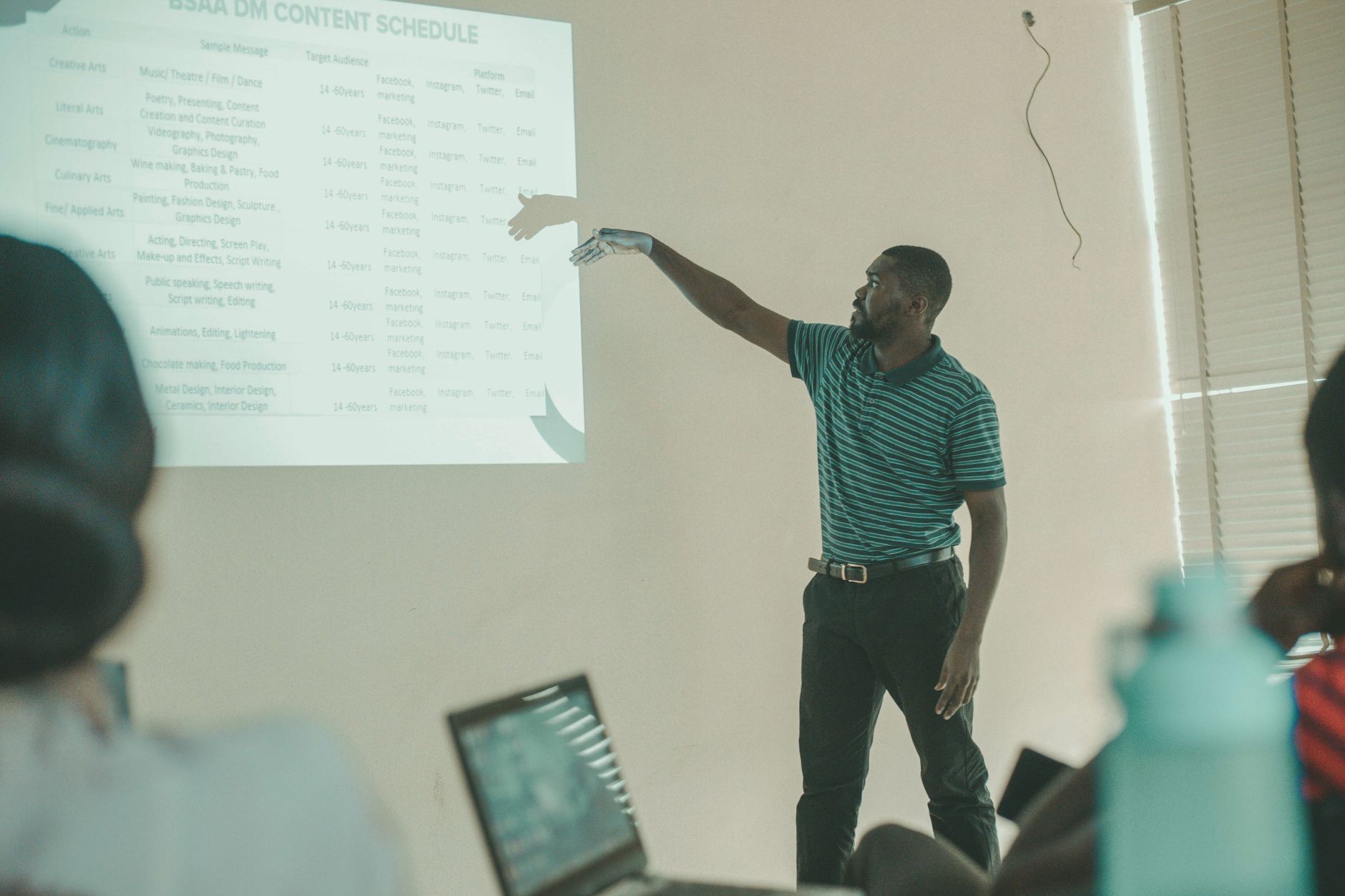 Human Nutrition — Man presenting business schedule to a class using a projector, engaging students.