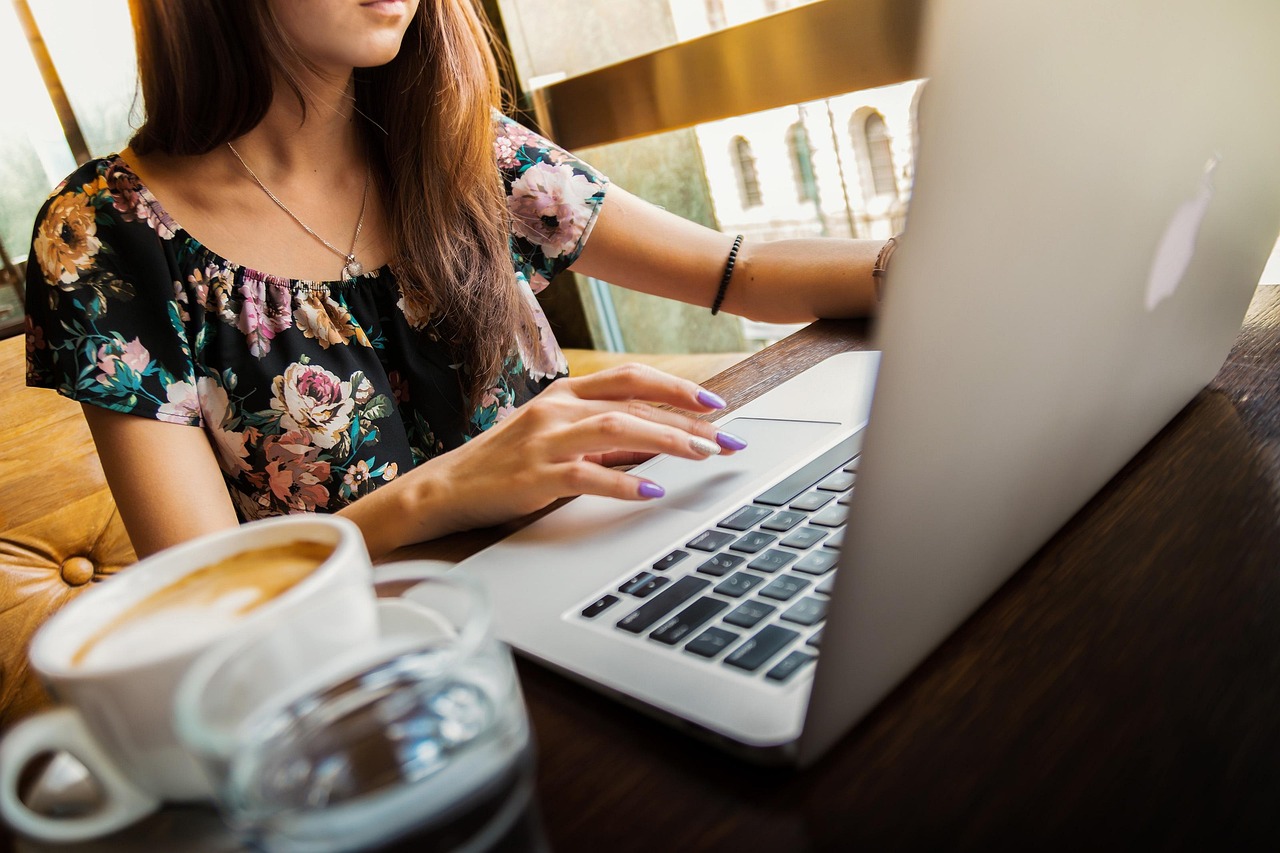 Ayurvedic Lifestyle and Nutrition — Woman, laptop, desk, workspace, macbook, technology, work, coffee cup, working, working woman, coffee, computer, cup, girl, mug