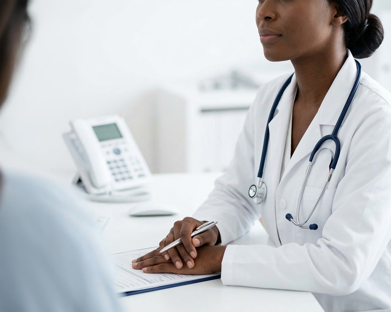 Professional Communication — Doctor, woman, female, black, african american, medical, healthcare, consultation, patient, office, clinic, professional, white coat, stethoscope, pen, clipboard, desk, attentively, medicine, ai generated