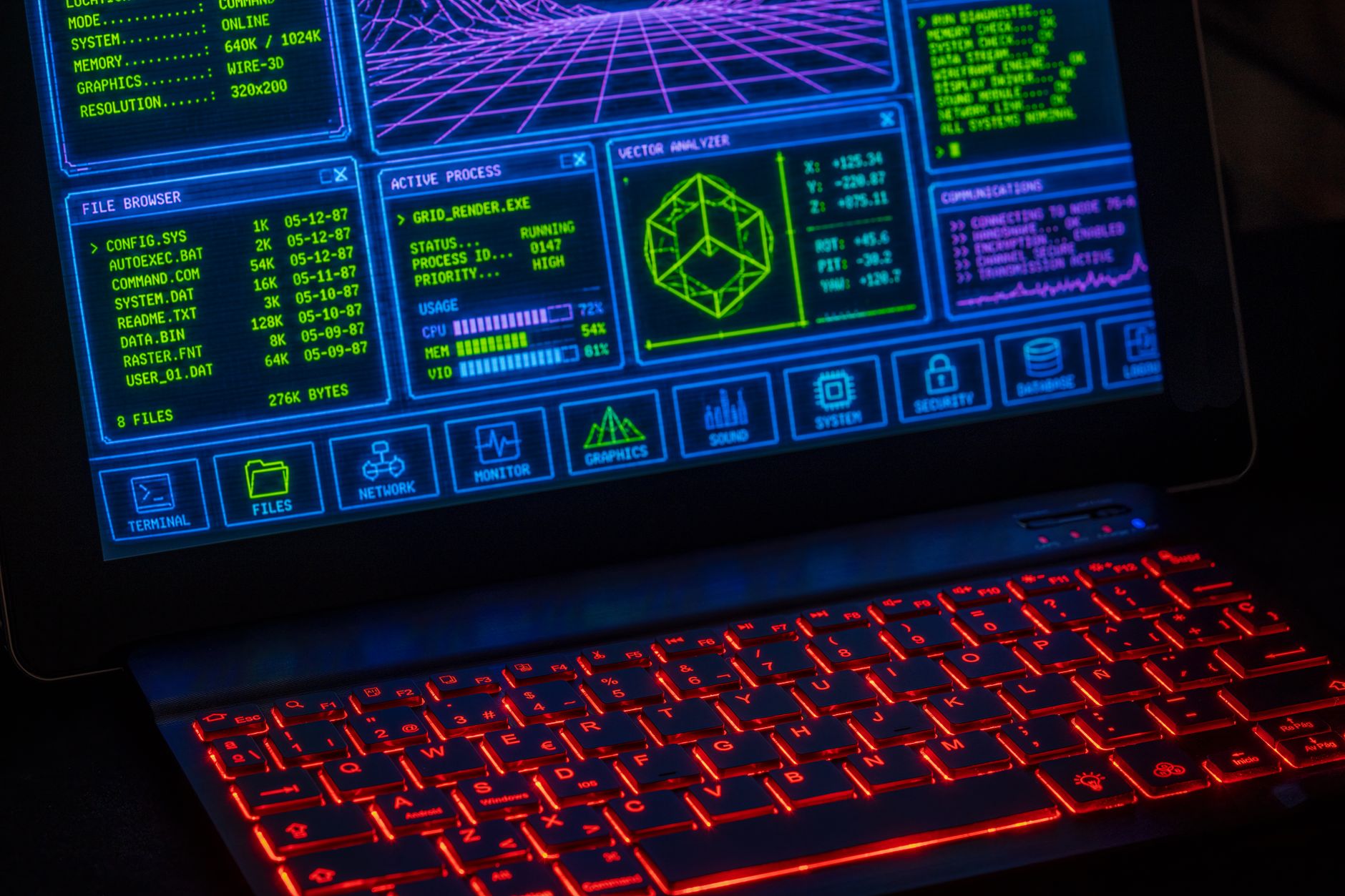 Computer Graphics Editing and Database Concepts — Futuristic digital interface displayed on laptop screen with neon red keyboard.