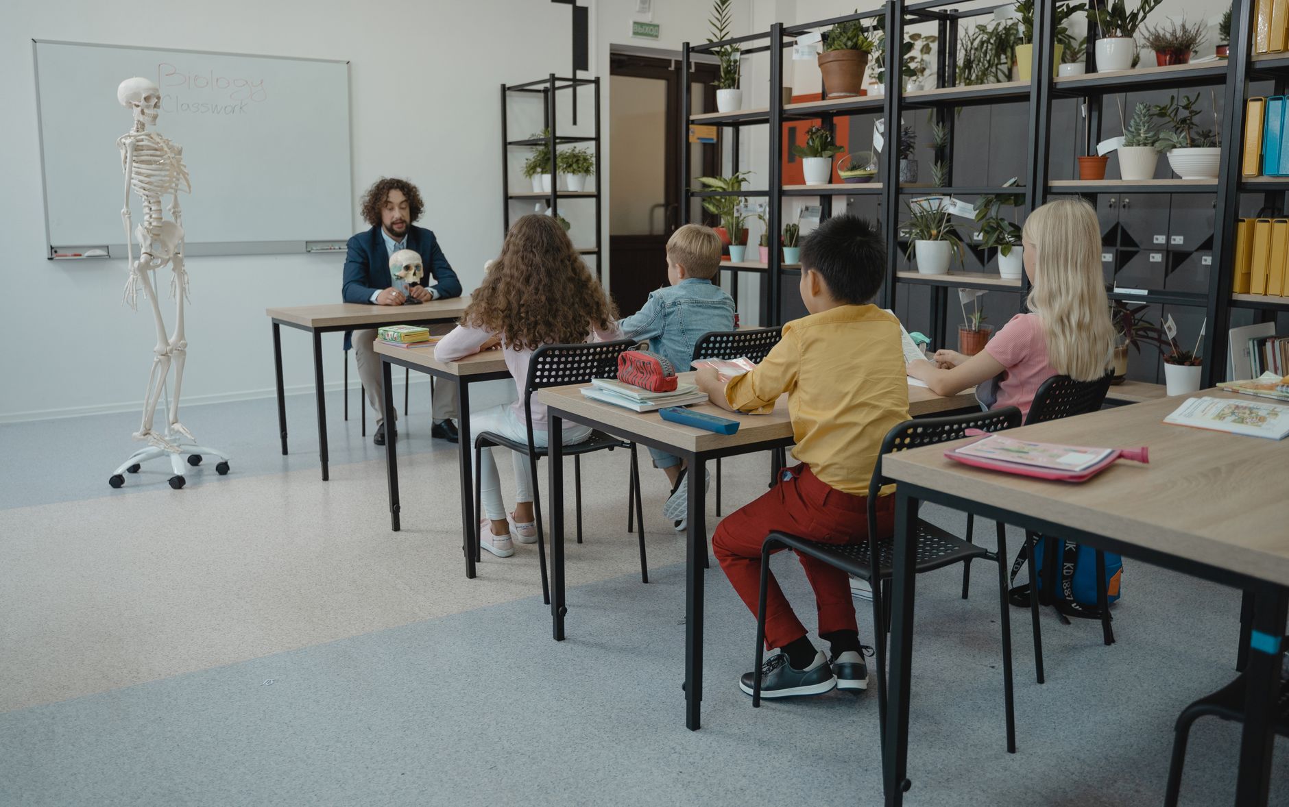 Anatomy, physiology and pathology — Children in an elementary classroom learning biology with a teacher and skeleton model.